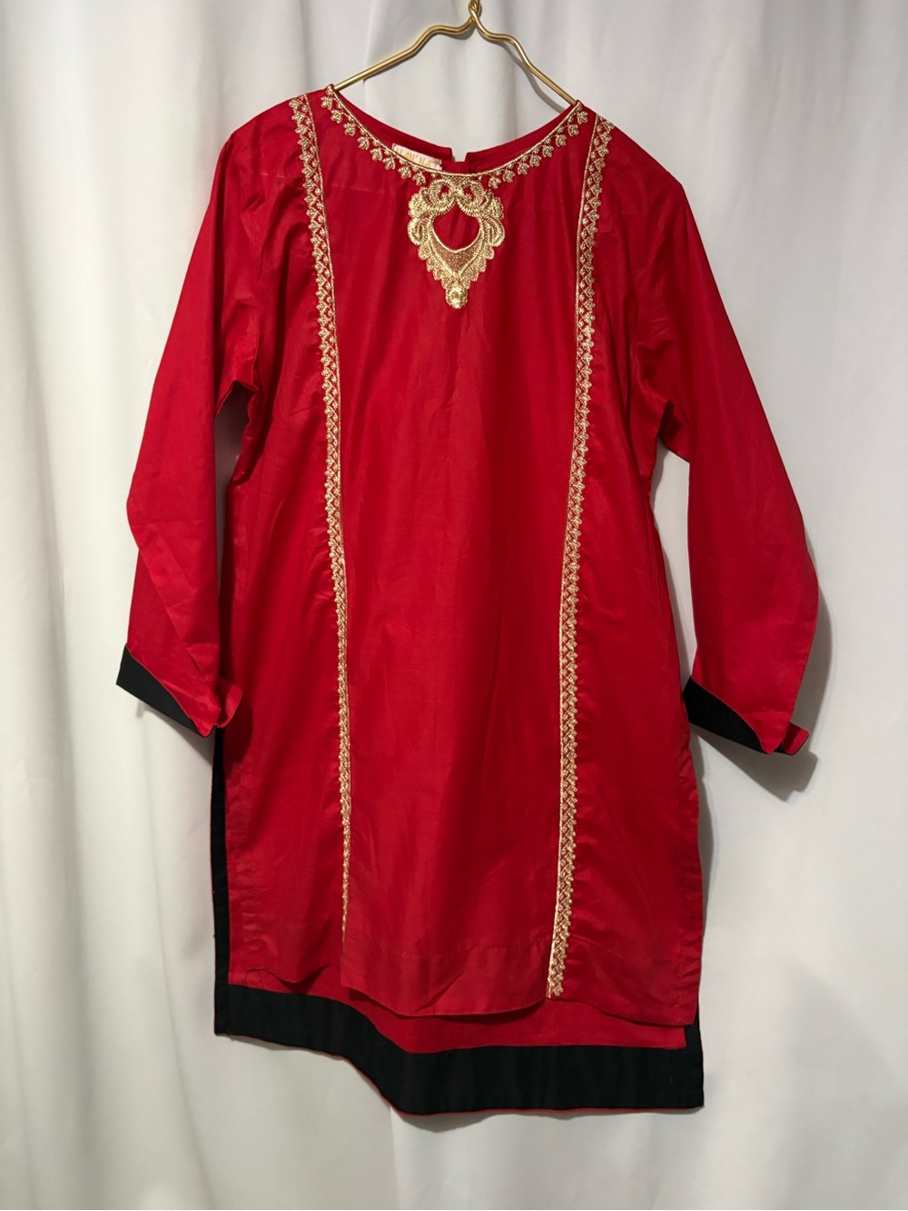 Red Embroidered Tunic with Black Trim